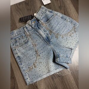 Forever 21 Light Blue Rhinestone Fringe Embellished Denim Shorts Size 24